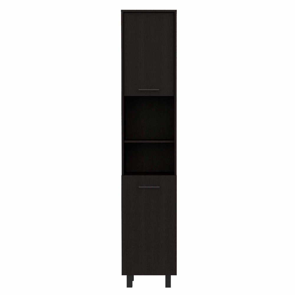 Tall, narrow black wood storage cabinet with one door and two open shelves against a white background.