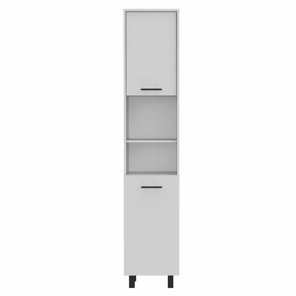 White wood tall storage cabinet with one door, two open shelves, and one drawer on a white background.