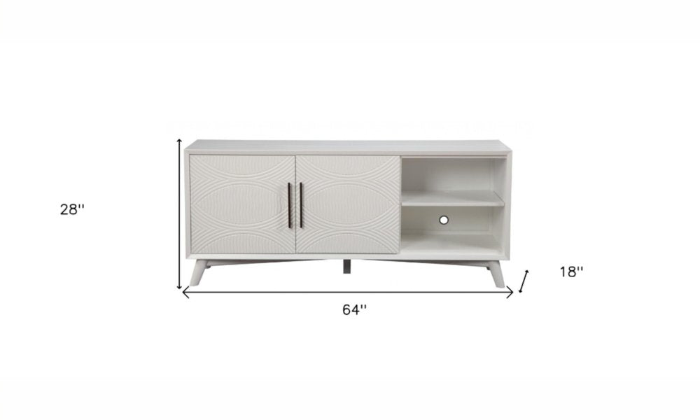 64" White Pine Solid Wood Open Shelving TV Stand. TV stand isolated on a plain white background, in a white wood finish.