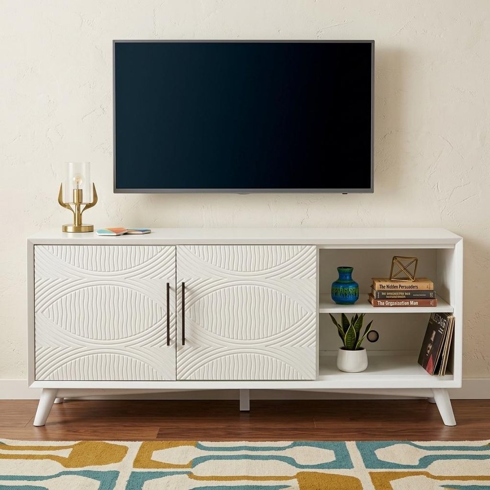 64" White Pine Solid Wood Open Shelving TV Stand