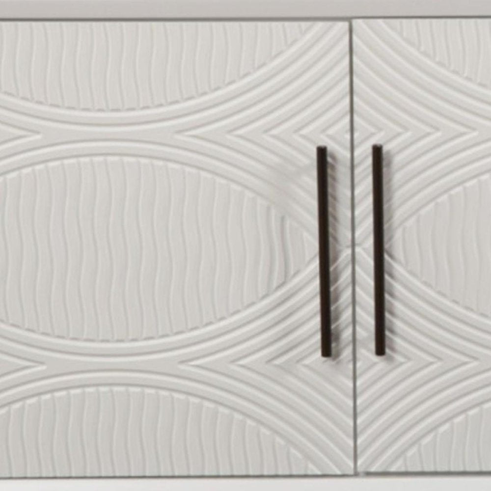 64" White Pine Solid Wood Open Shelving TV Stand. TV stand isolated on a plain white background, showing a white wood surface.
