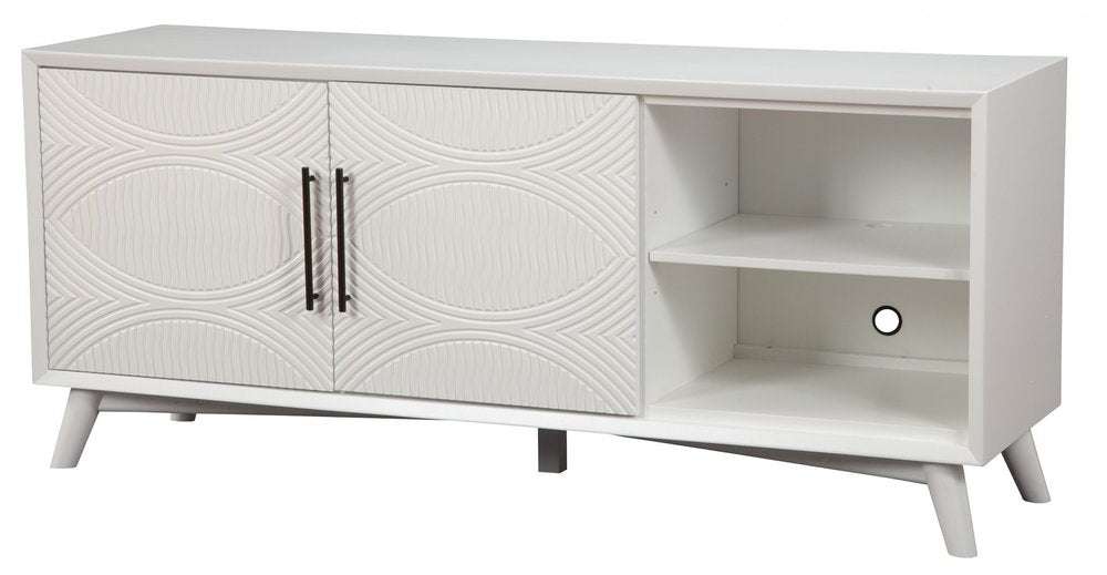 White pine solid wood TV stand with two textured doors and open shelving, set against a white background.