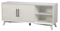64" White Pine Solid Wood Open Shelving TV Stand. TV stand isolated on a plain white background, showing a white wood surface.