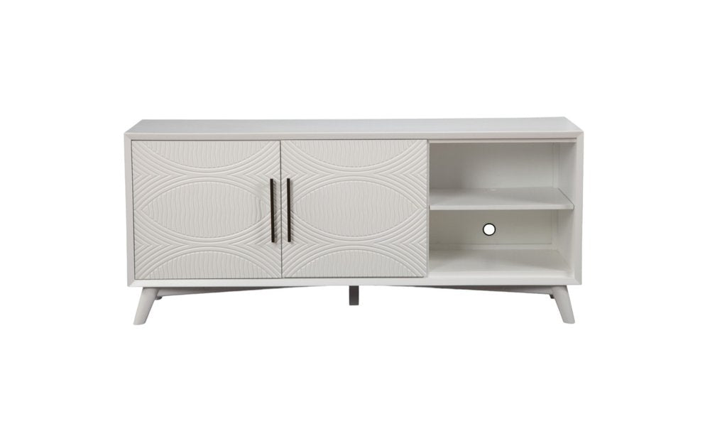 64" White Pine Solid Wood Open Shelving TV Stand. TV stand isolated on a plain white background, in a white wood finish.