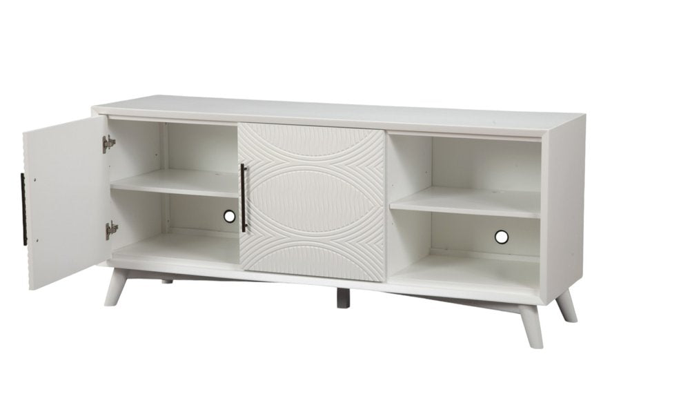 64" White Pine Solid Wood Open Shelving TV Stand. TV stand isolated on a plain white background, showing a white wood surface.