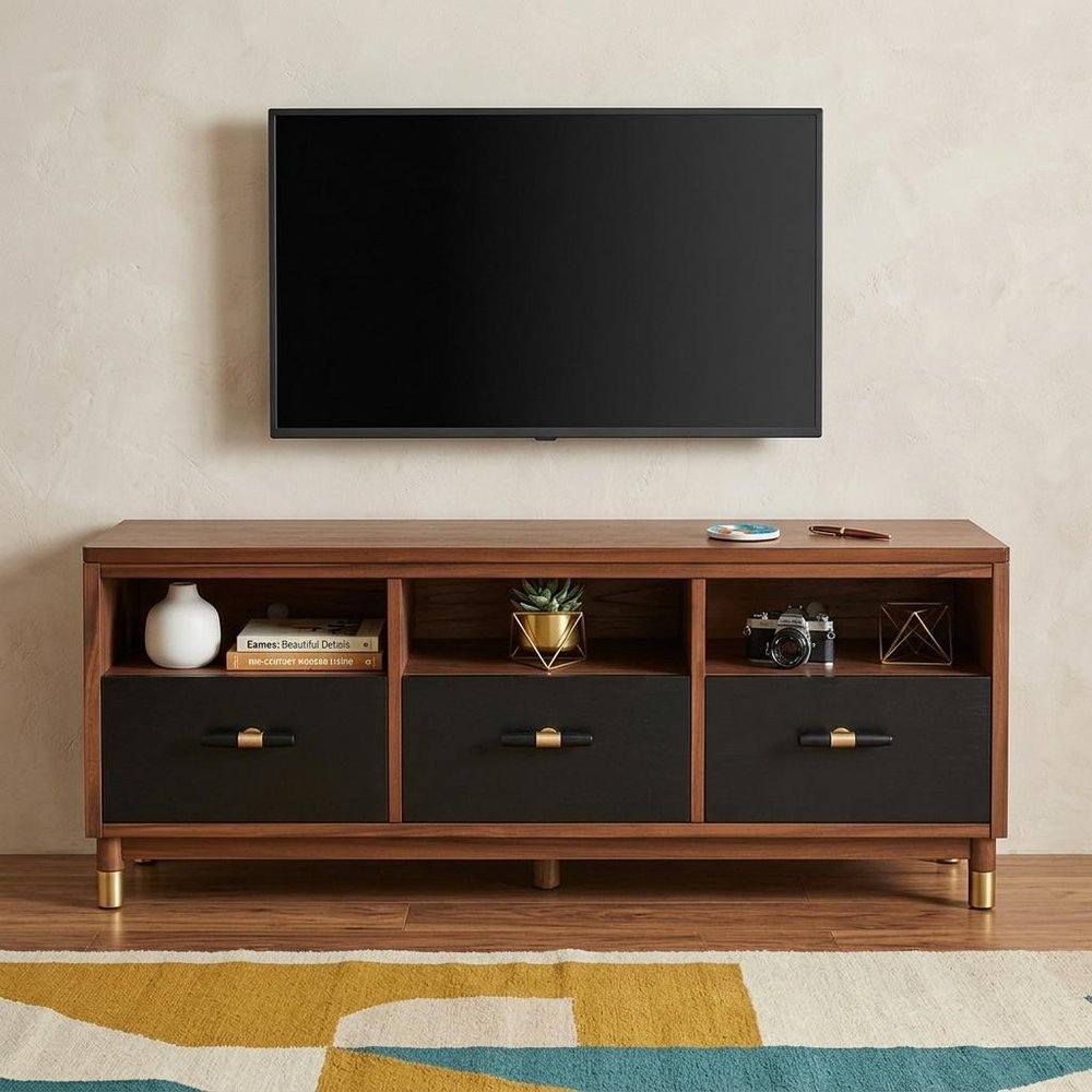 61" Brown and Black Solid Wood Open Shelving TV Stand