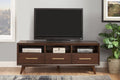 Brown mahogany solid wood TV stand with open shelving and three drawers, featuring a television and decorative box.