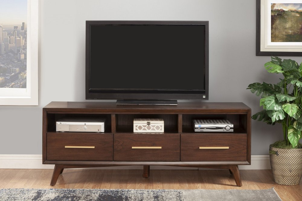 Brown mahogany solid wood TV stand with open shelving and three drawers, featuring a television and decorative box.