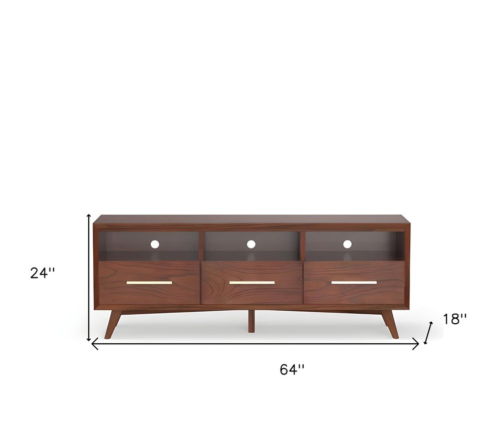 64" Brown Mahogany Solid Wood Open Shelving TV Stand. TV stand isolated on a plain white background, in a mahogany wood finish.