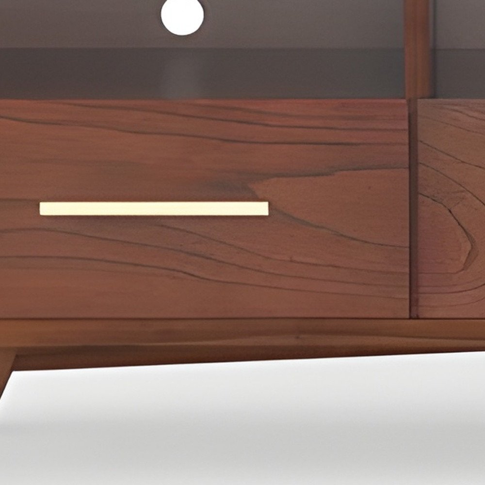 Close-up of 64" Brown Mahogany Solid Wood Open Shelving TV Stand showing the mahogany wood texture.