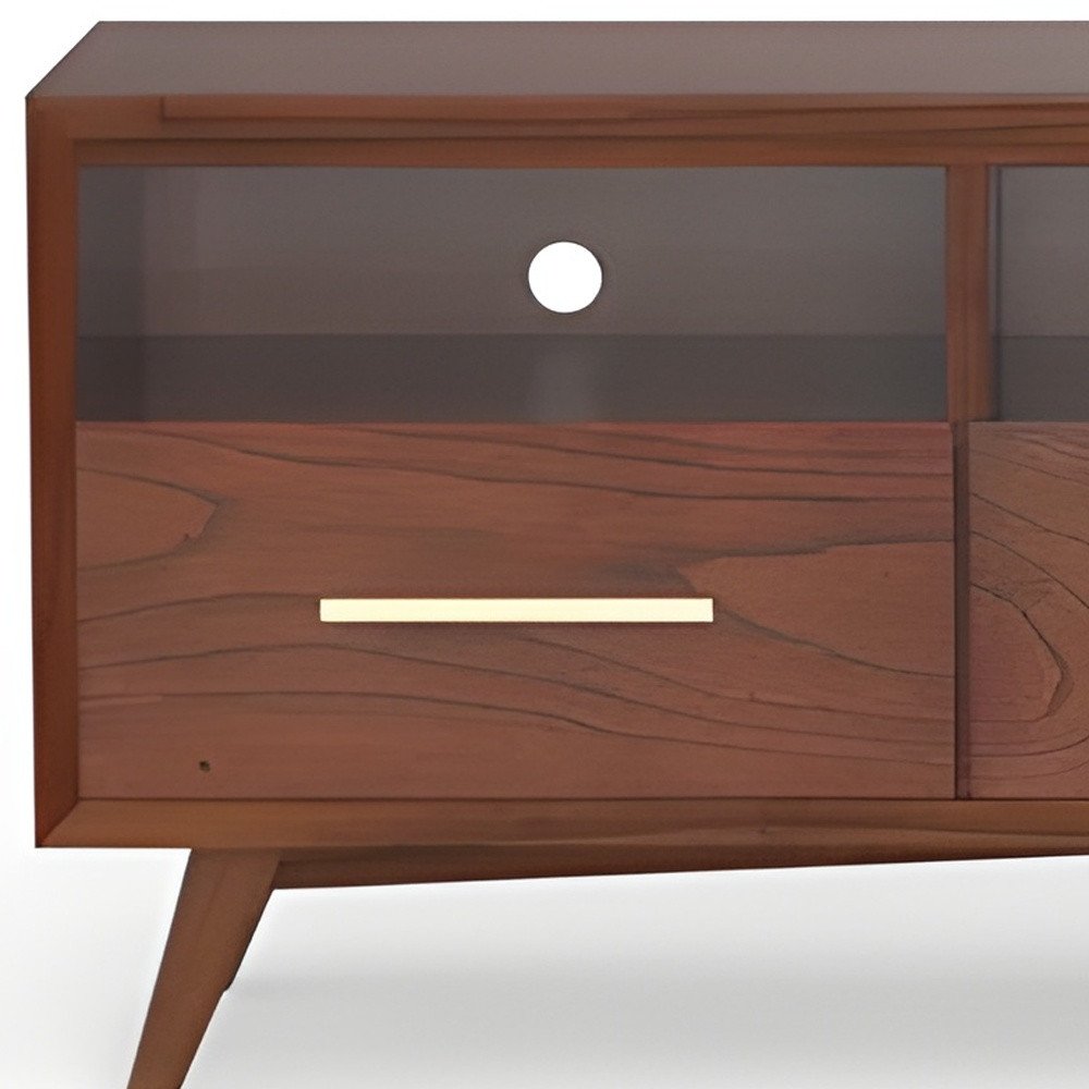 Detail view of 64" Brown Mahogany Solid Wood Open Shelving TV Stand, filling the frame with the mahogany wood texture.