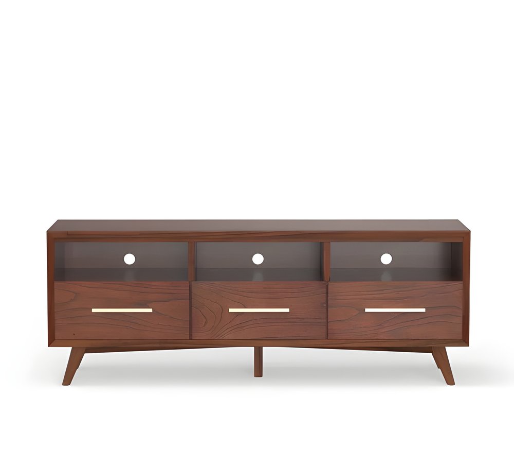 64" Brown Mahogany Solid Wood Open Shelving TV Stand. TV stand isolated on a plain white background, finished in mahogany wood.
