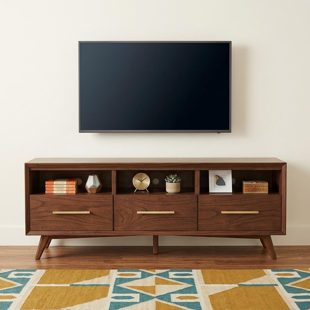 Close-up of 64" Brown Mahogany Solid Wood Open Shelving TV Stand showing mahogany wood detail.