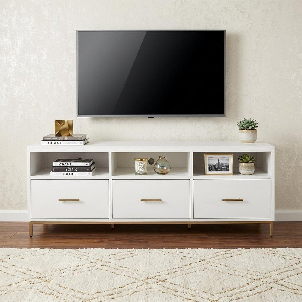 64" White Mahogany Solid Wood Open Shelving TV Stand