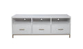 White mahogany solid wood TV stand with three open shelves and three drawers, set against a white background.