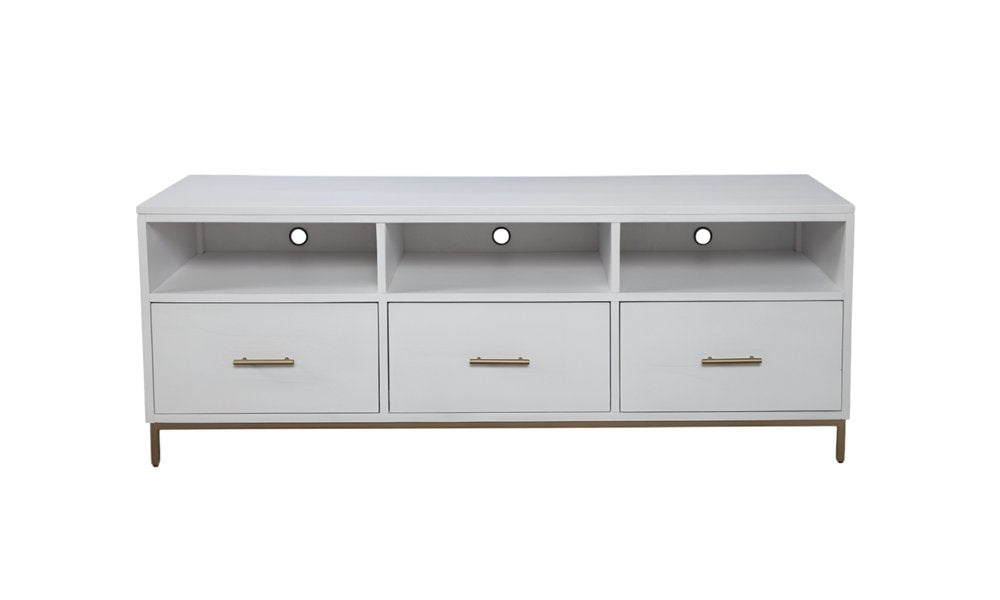 White mahogany solid wood TV stand with three open shelves and three drawers, set against a white background.