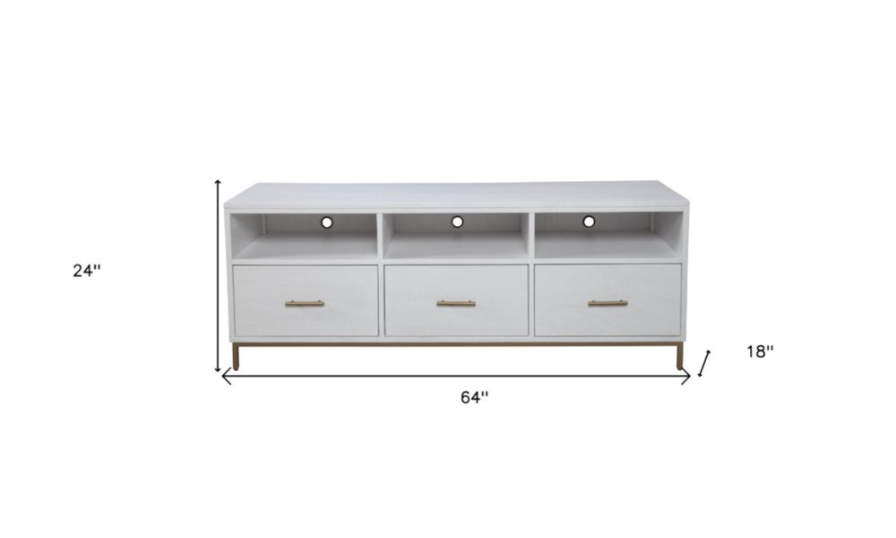 64" White Mahogany Solid Wood Open Shelving TV Stand. TV stand isolated on a plain white background, showing a white wood surface.
