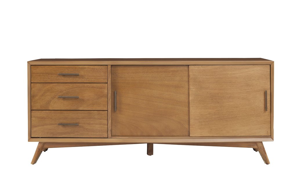Brown wooden TV stand with three drawers on the left and a sliding door on the right, set against a white background.