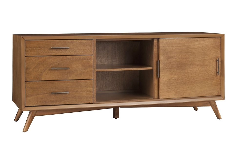 64" Brown TV Stand with Drawers and Sliding Door. TV stand isolated on a plain white background, showing a brown wood surface.
