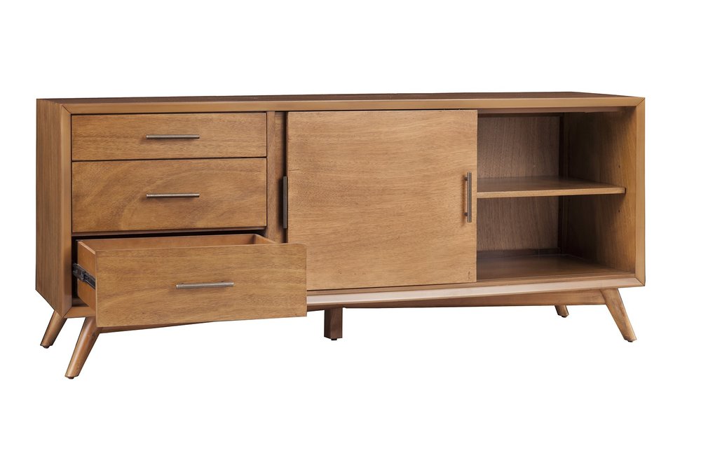 64" Brown TV Stand with Drawers and Sliding Door. TV stand isolated on a plain white background, in a brown wood finish.