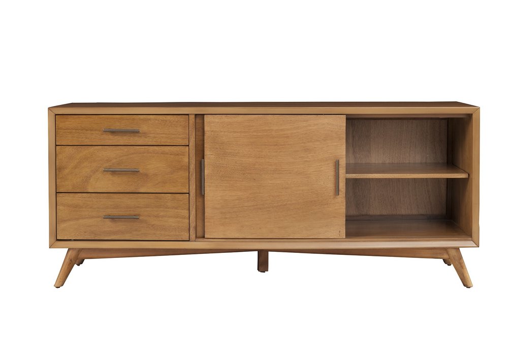 64" Brown TV Stand with Drawers and Sliding Door. TV stand isolated on a plain white background, showing a brown wood surface.