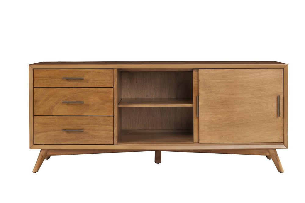 64" Brown TV Stand with Drawers and Sliding Door. TV stand isolated on a plain white background, in a brown wood finish.