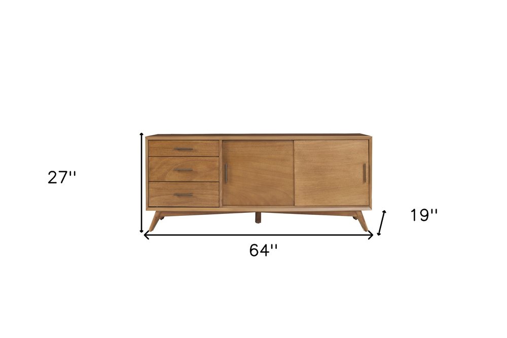 64" Brown TV Stand with Drawers and Sliding Door. TV stand isolated on a plain white background, in a brown wood finish.