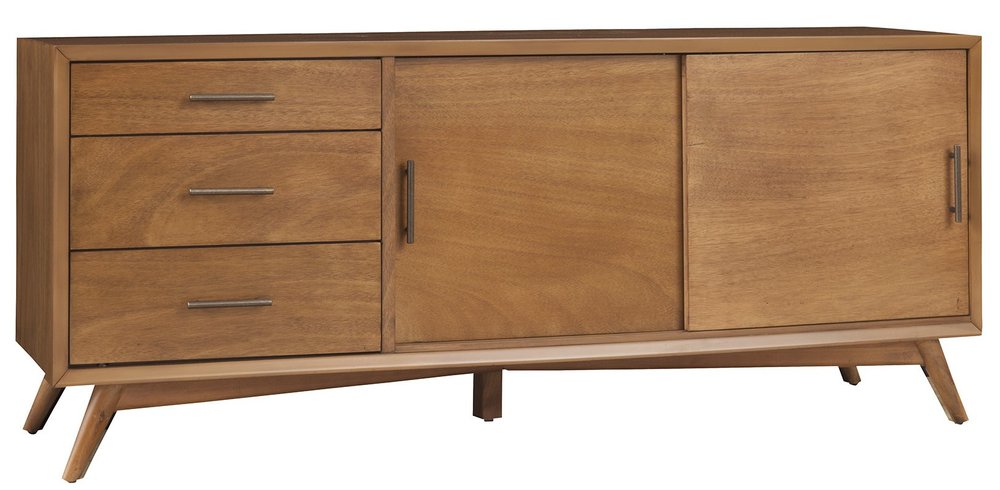 64" Brown TV Stand with Drawers and Sliding Door. TV stand isolated on a plain white background, finished in brown wood.