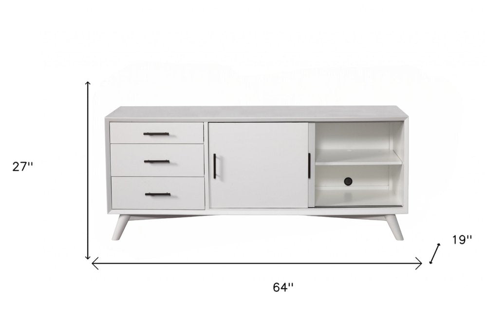 64" White Mahogany Solid Wood Enclosed and Open Storage TV Stand. TV stand isolated on a plain white background, in a white wood finish.