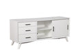 White solid wood TV stand with three drawers and a sliding door, set against a white background.