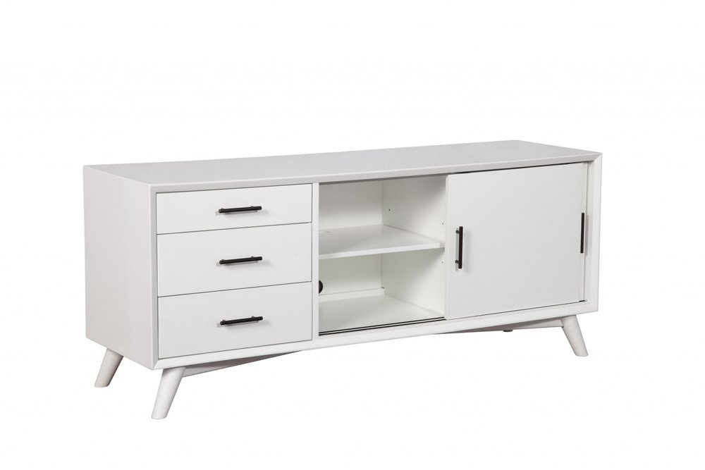 White solid wood TV stand with three drawers and a sliding door, set against a white background.