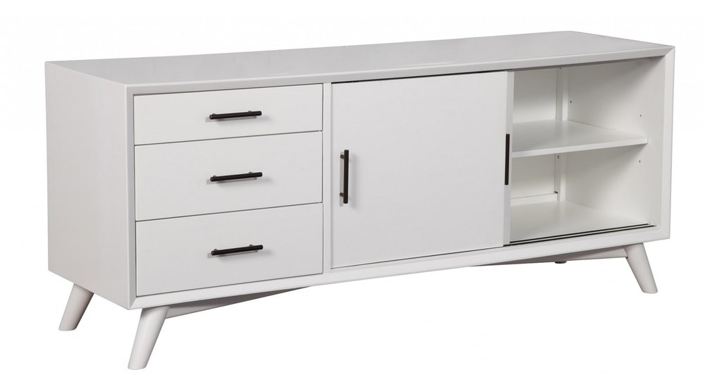 64" White Mahogany Solid Wood Enclosed and Open Storage TV Stand. TV stand isolated on a plain white background, finished in white wood.