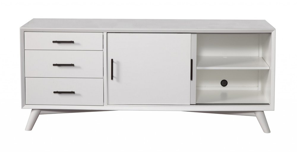 64" White Mahogany Solid Wood Enclosed and Open Storage TV Stand. TV stand isolated on a plain white background, showing a white wood surface.