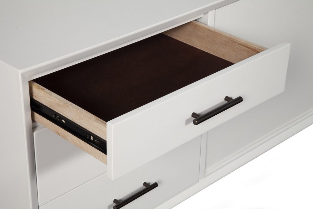 Close-up of 64" White Mahogany Solid Wood Enclosed and Open Storage TV Stand showing the white wood texture.