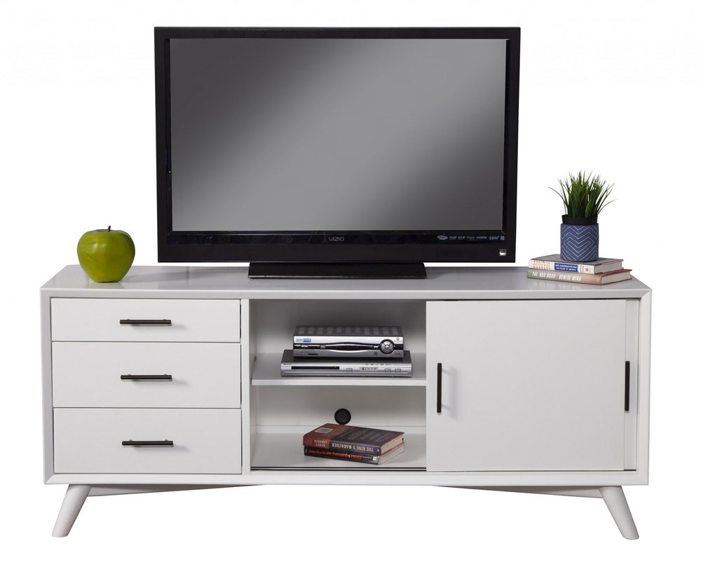 64" White Mahogany Solid Wood Enclosed and Open Storage TV Stand. TV stand isolated on a plain white background, showing a white wood surface.