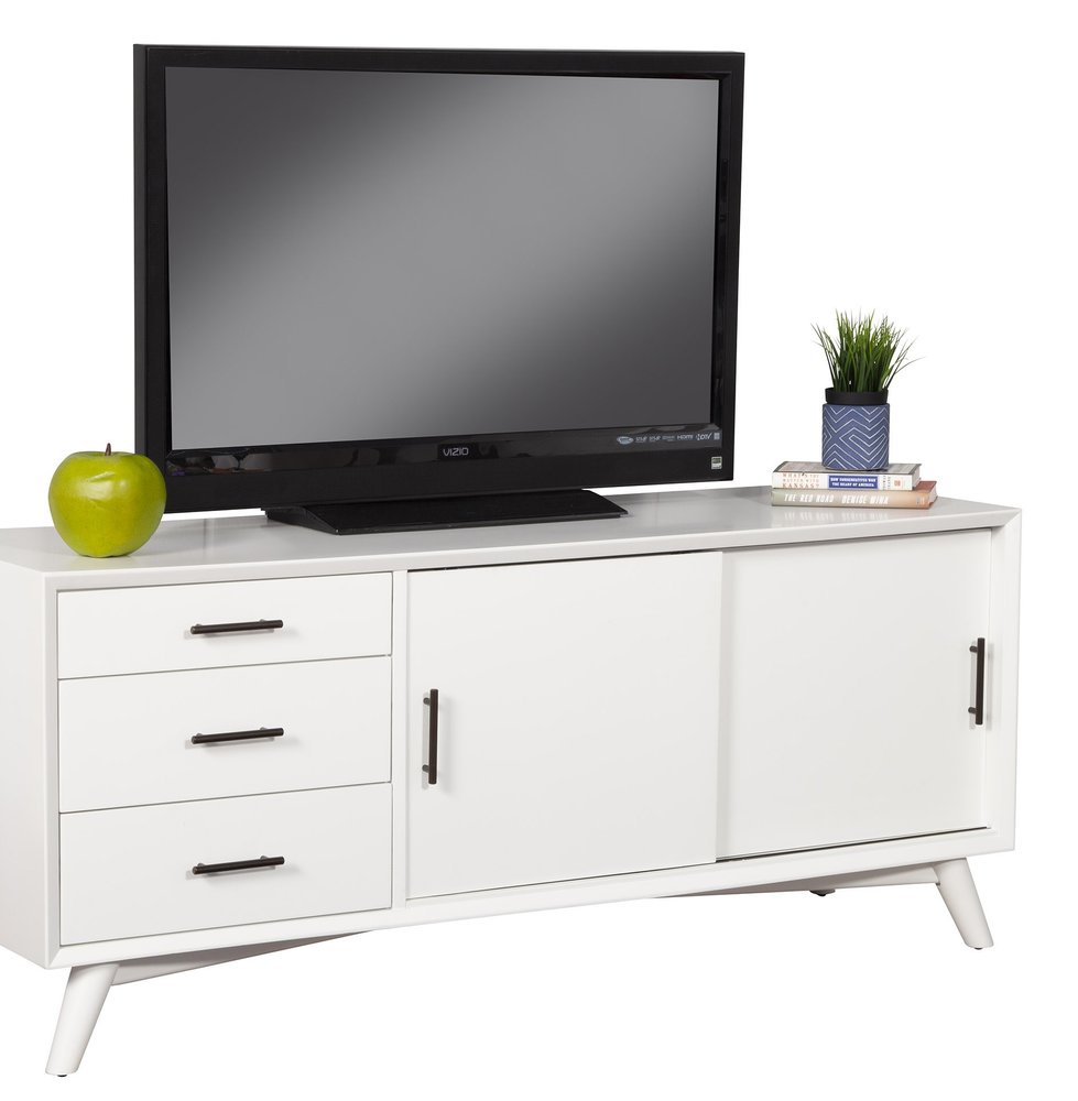 64" White Mahogany Solid Wood Enclosed and Open Storage TV Stand. TV stand isolated on a plain white background, in a white wood finish.