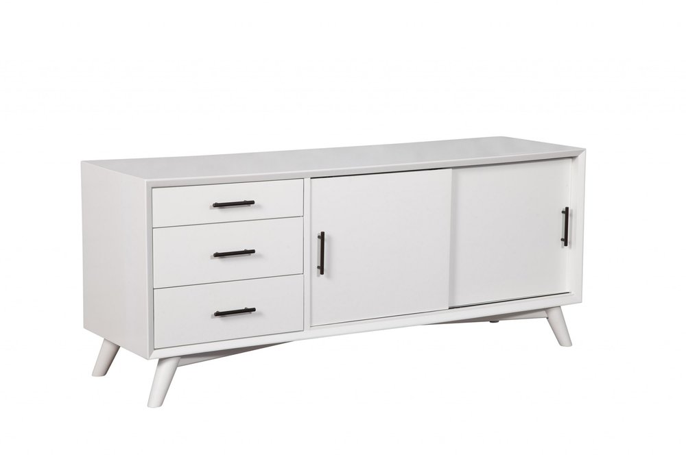 64" White Mahogany Solid Wood Enclosed and Open Storage TV Stand. TV stand isolated on a plain white background, finished in white wood.