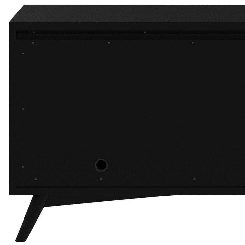 64" Black Mahogany Solid Wood Enclosed and Open Storage TV Stand photographed against a dark studio background in black.