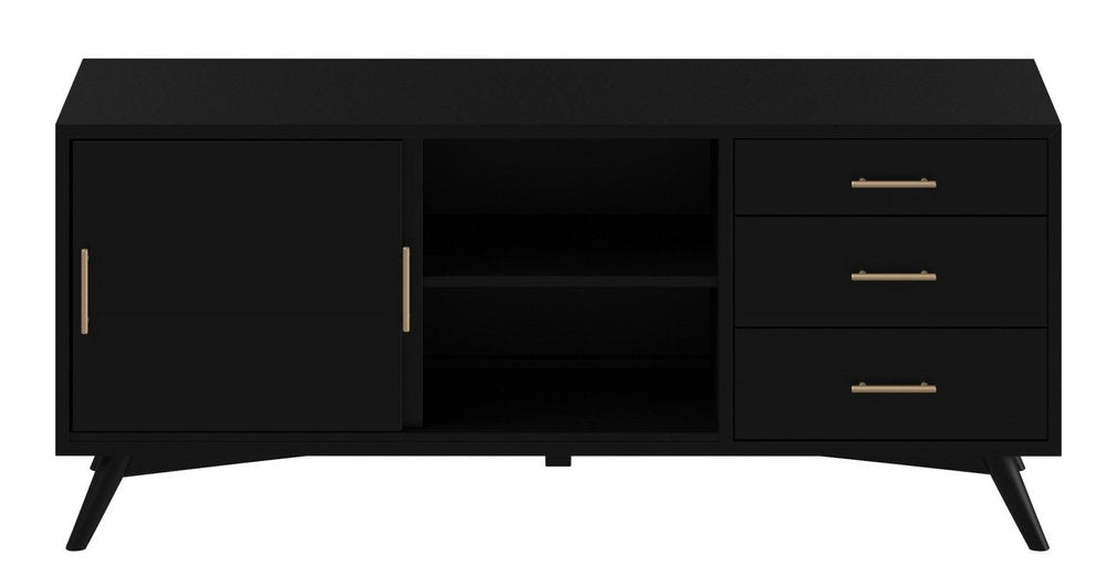 64" Black Mahogany Solid Wood Enclosed and Open Storage TV Stand. TV stand isolated on a plain white background, showing a black wood surface.