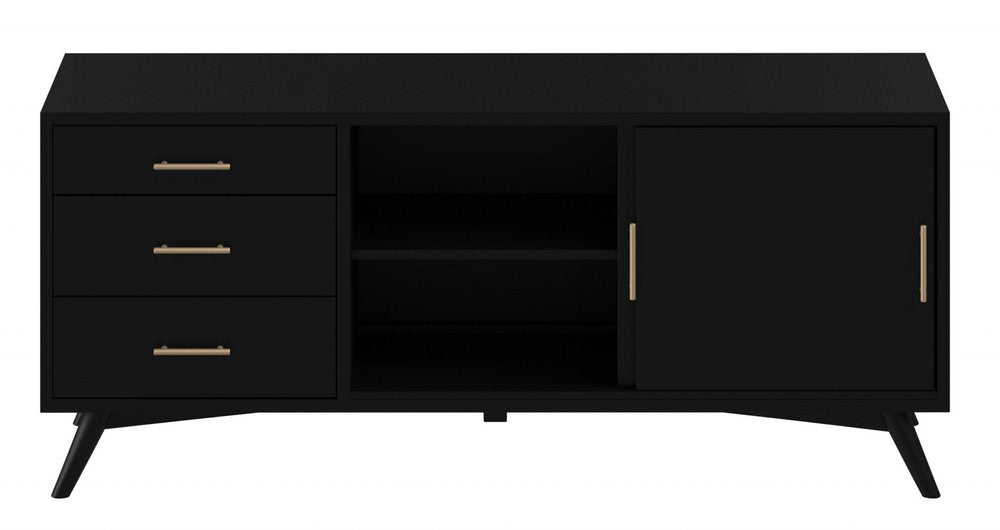 Black mahogany solid wood TV stand with three drawers, open shelving, and a sliding door, set against a white background.