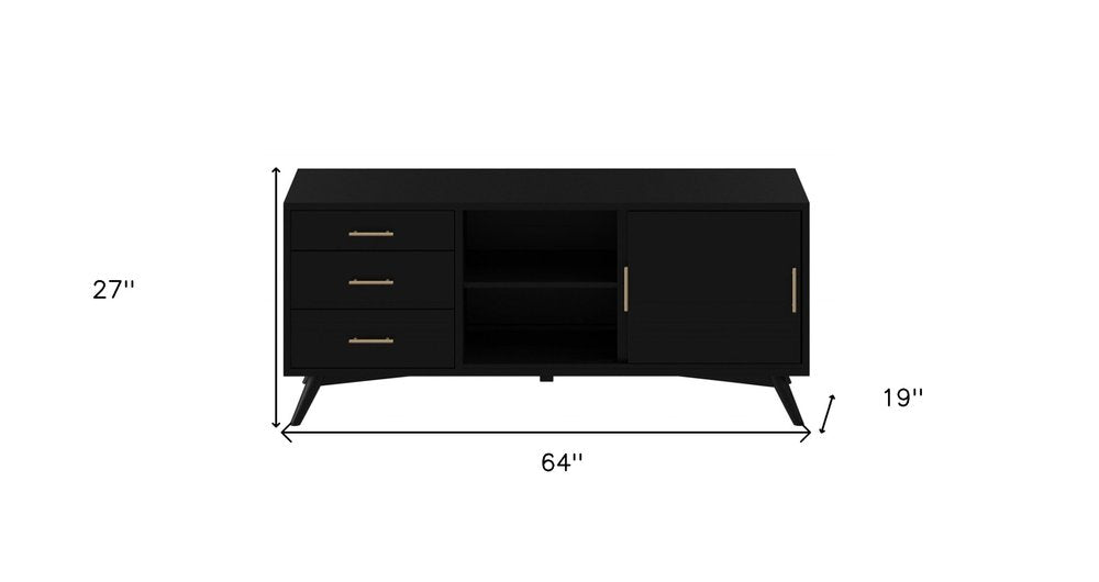 64" Black Mahogany Solid Wood Enclosed and Open Storage TV Stand. TV stand isolated on a plain white background, finished in black wood.