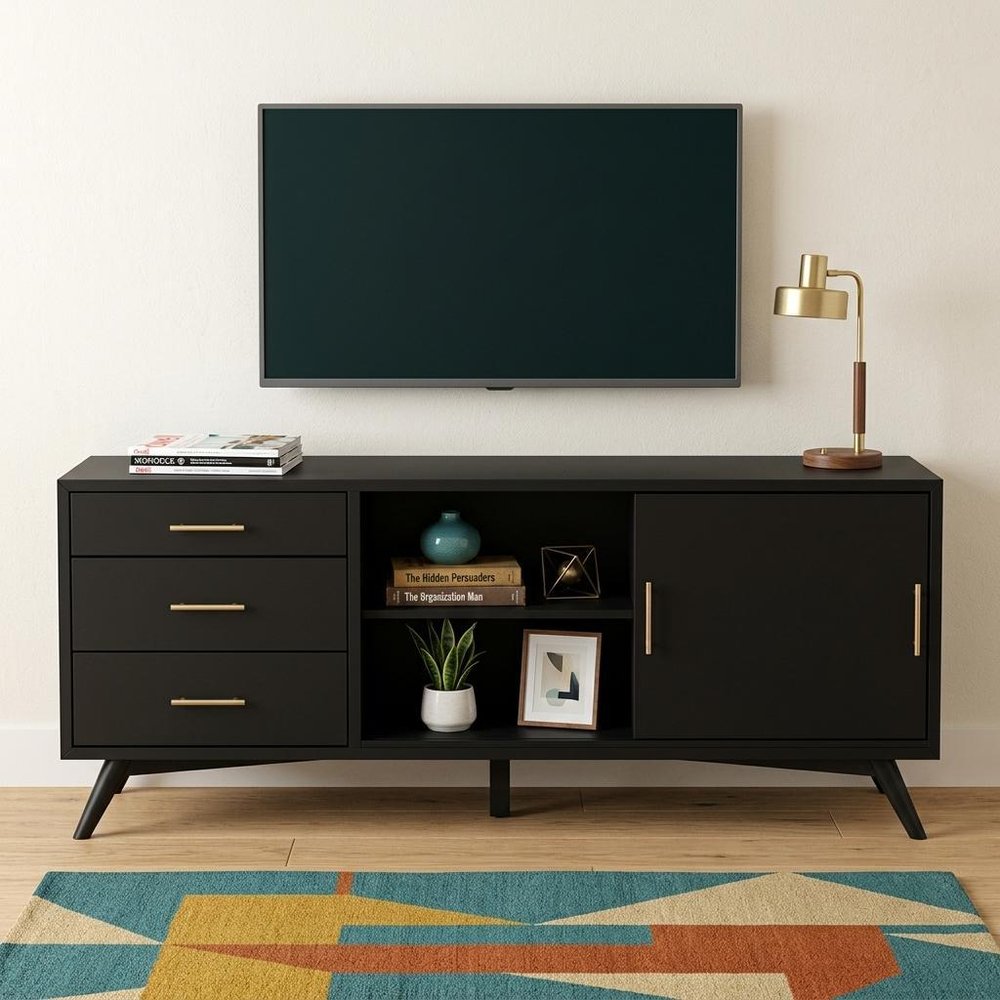 64" Black Mahogany Solid Wood Enclosed and Open Storage TV Stand. TV stand in black wood.