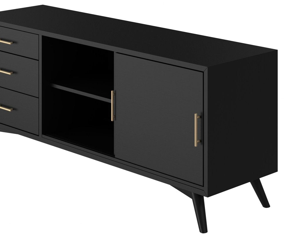 64" Black Mahogany Solid Wood Enclosed and Open Storage TV Stand on a white background