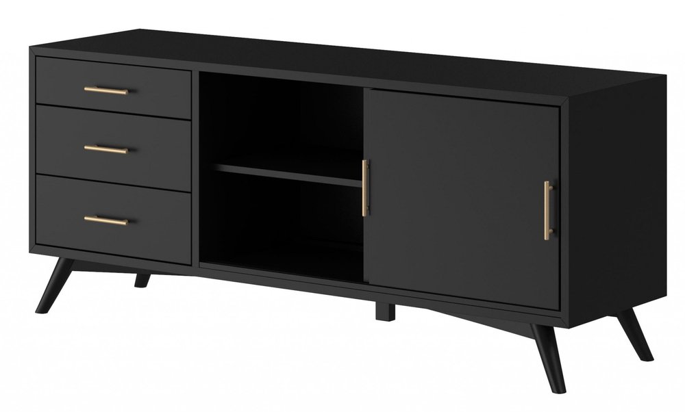 64" Black Mahogany Solid Wood Enclosed and Open Storage TV Stand on a white background