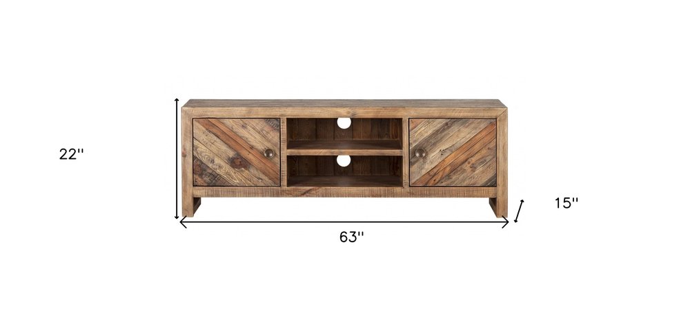 63" Wood Brown Reclaimed Pine And Plywood Open Shelving TV Stand. TV stand isolated on a plain white background, finished in brown wood.