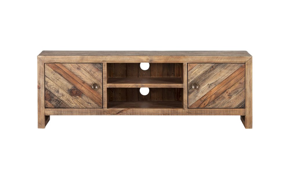 63" Wood Brown Reclaimed Pine And Plywood Open Shelving TV Stand. TV stand isolated on a plain white background, showing a brown wood surface.