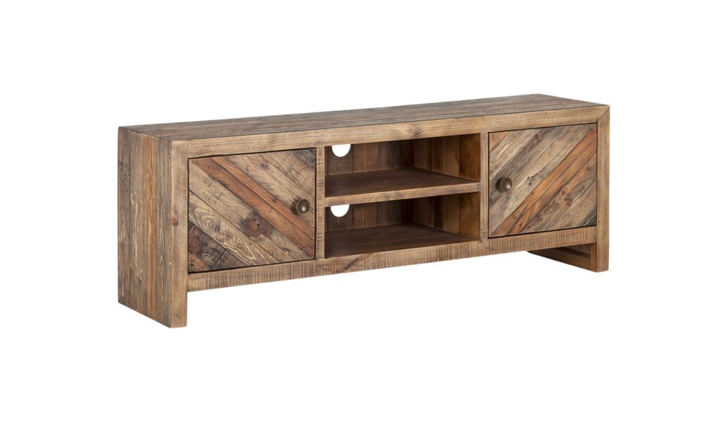 63" Wood Brown Reclaimed Pine And Plywood Open Shelving TV Stand. TV stand isolated on a plain white background, finished in brown wood.
