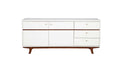 White cabinet with mahogany accents and legs on a white background.