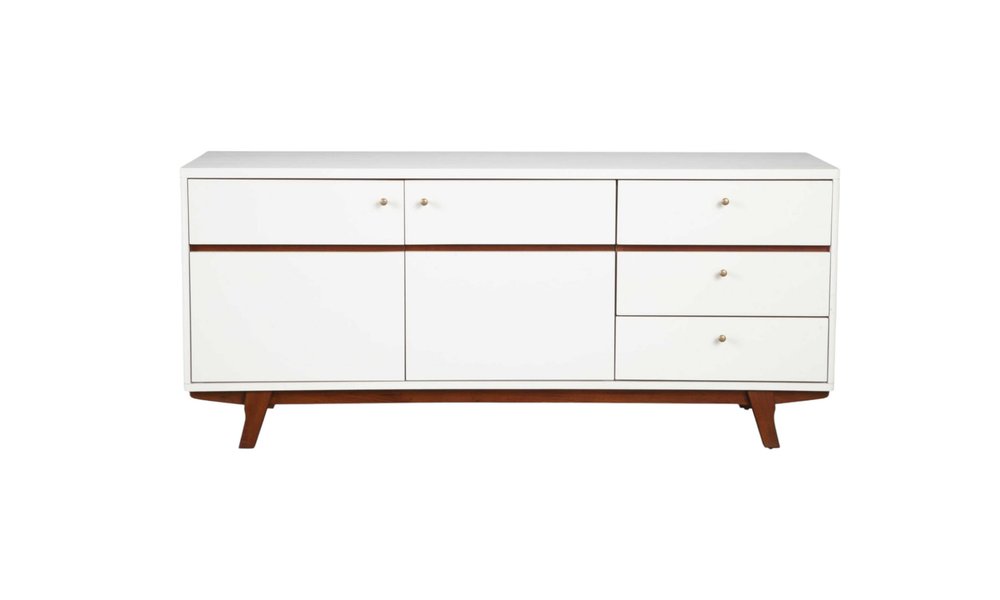 White cabinet with mahogany accents and legs on a white background.