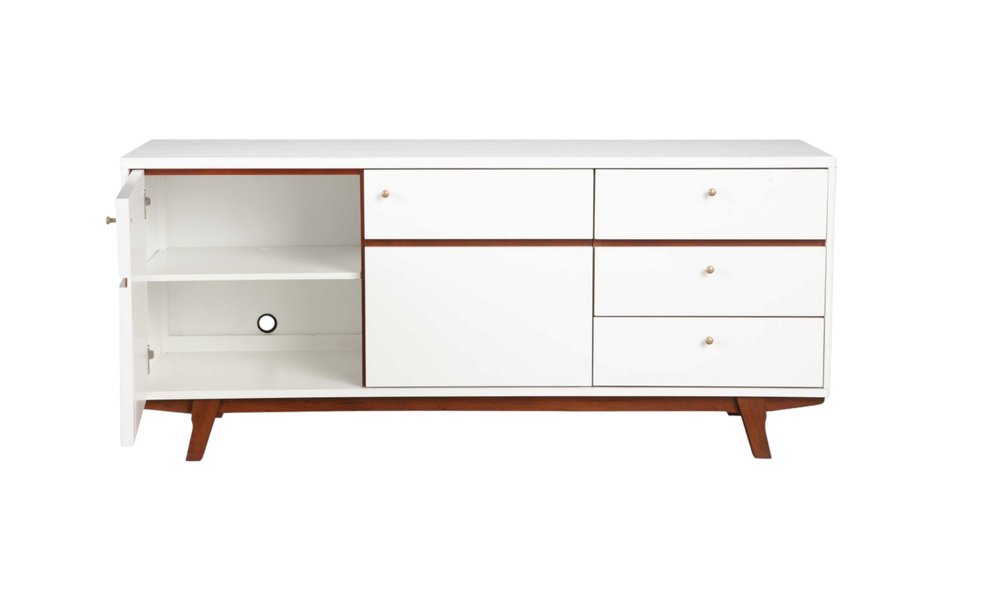 65" White Mahogany Solids And Veneer Cabinet Enclosed Storage TV Stand. TV stand isolated on a plain white background, showing a mahogany wood surface.